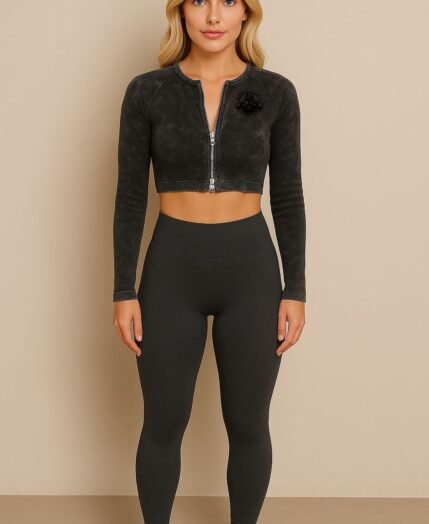 RhinoEdge Zip-Up Crop – Black Acid Wash